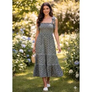 Anthropologie OPT Cara Midi Dress size S Square Neck Smocked Blue Floral Boho Di
